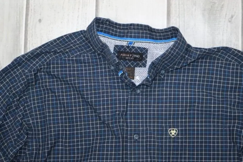 Ariat Pro Series Shirt Men's L Pro Pharell Navy Yellow Plaid Long Sleeve Western